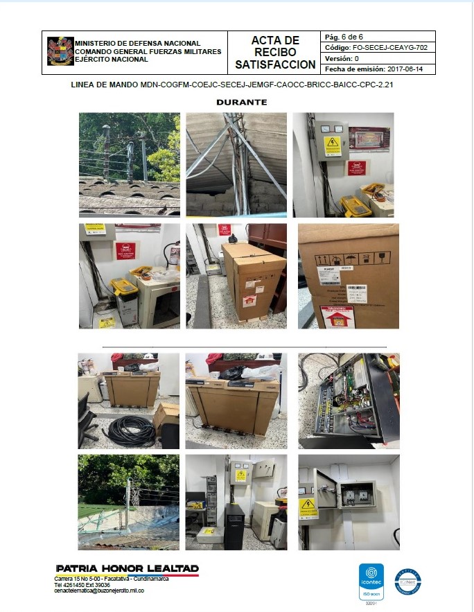 Acta de recibo a satisfacción del Ejército Nacional con evidencia de instalación de UPS y equipos eléctricos realizada por Smart Planning en Facatativá.