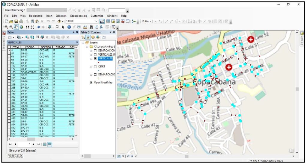 Pantalla de ArcMap con mapa de Copacabana y capas de semaforización, aforos y señalización vial para reprogramar tiempos semafóricos