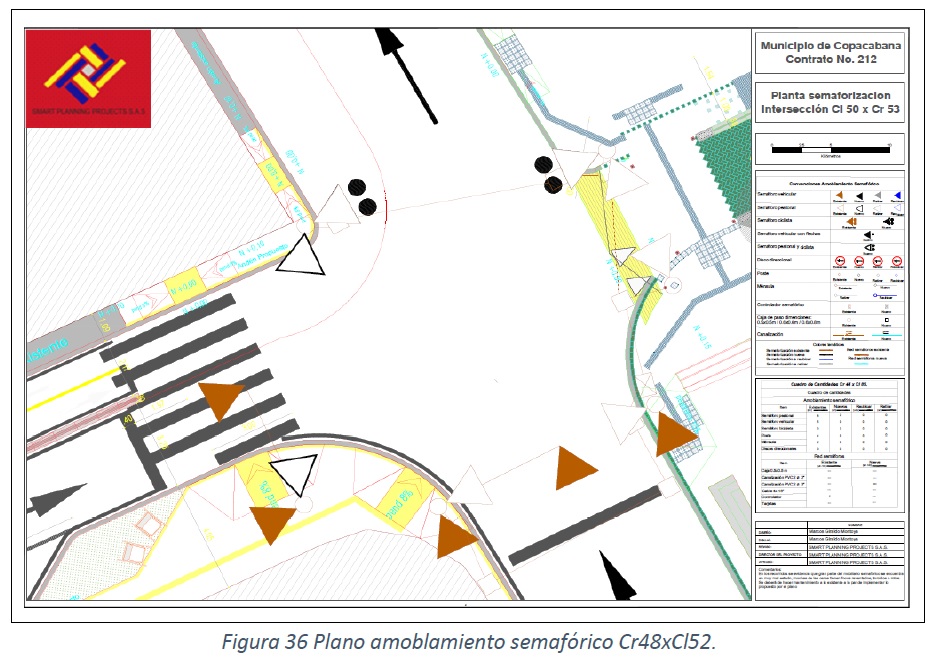Diseño técnico de intersección con ubicación de semáforos LED, pasos peatonales y demarcación vial elaborado por Smart Planning.