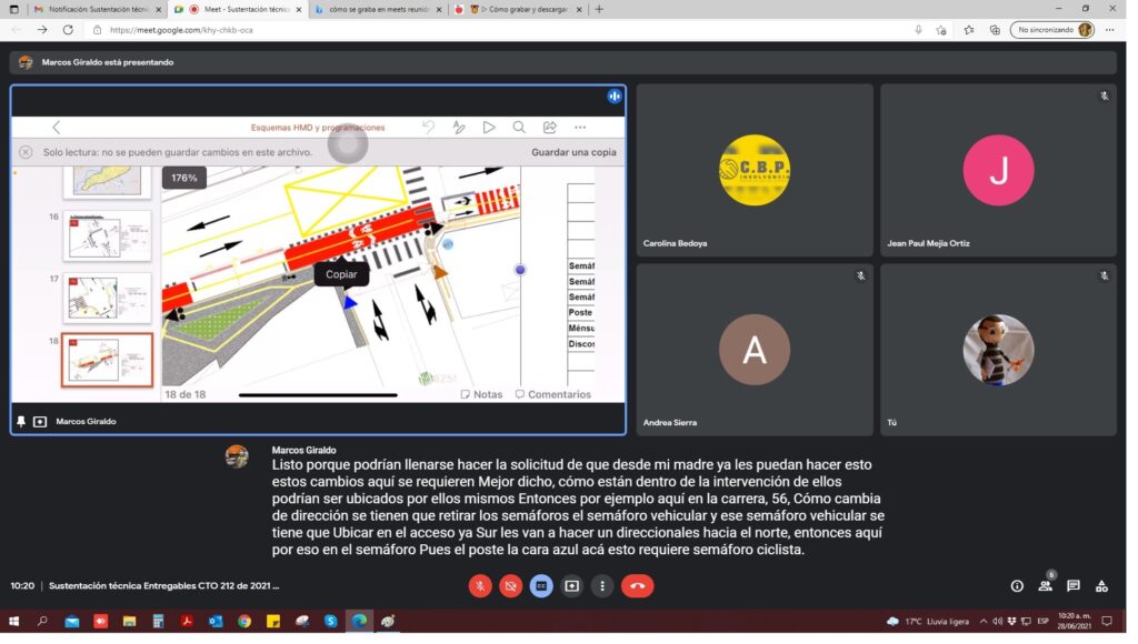Captura de reunión virtual mostrando plano de intersección con semáforos, pasos peatonales y flechas de circulación para reprogramación semafórica en Copacabana