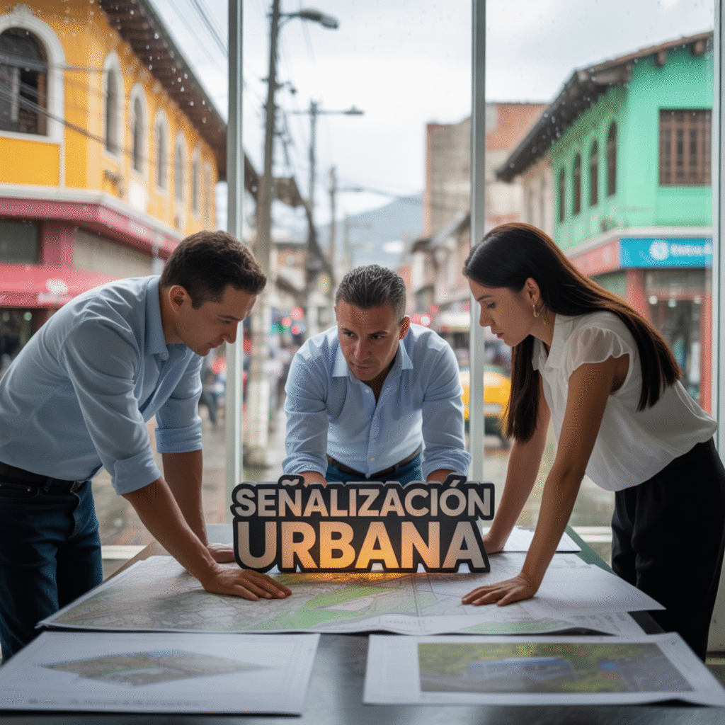 Equipo de ingenieros y consultores revisan planos de señalización urbana en oficina con visión al entorno urbano de Nariño.