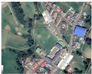 Vista aérea del municipio de Ventaquemada señalando zonas propuestas para la instalación de cruces peatonales tipo cebra