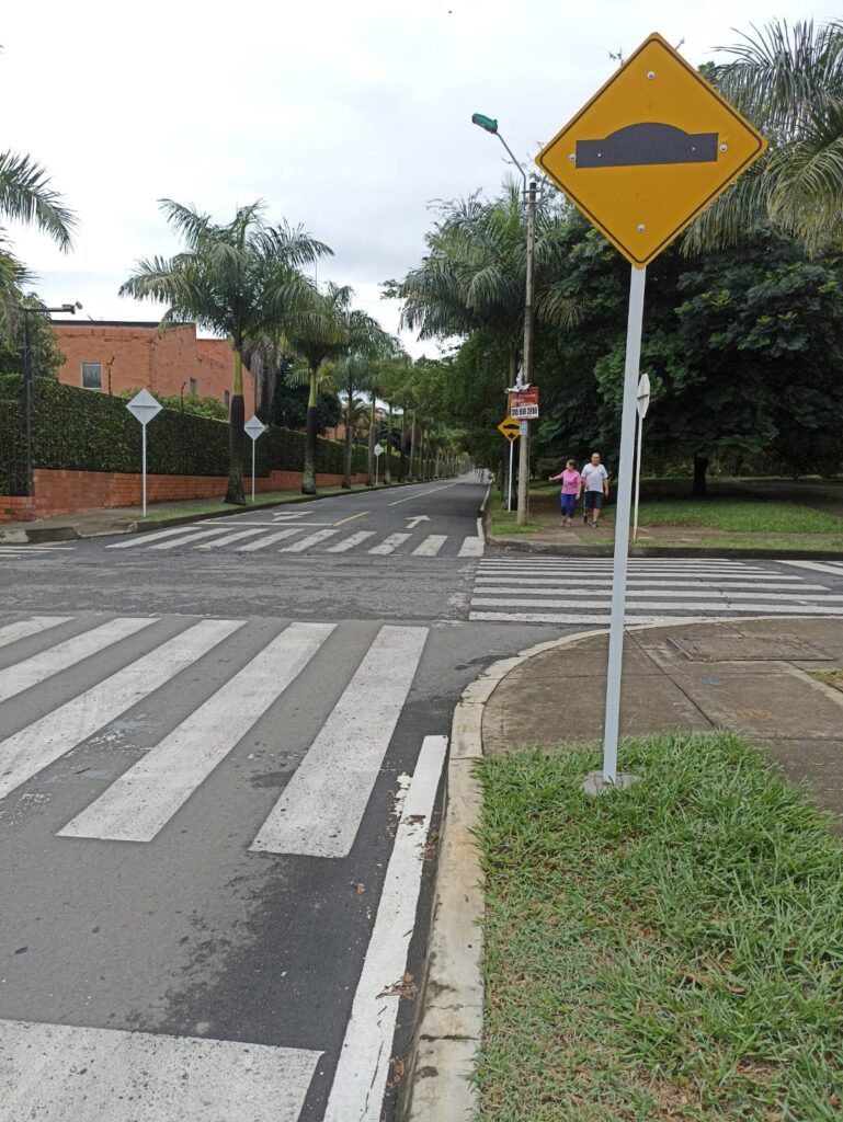Cebra peatonal blanca y señal vertical amarilla de reductor de velocidad en zona residencial arbolada de Santiago de Cali.