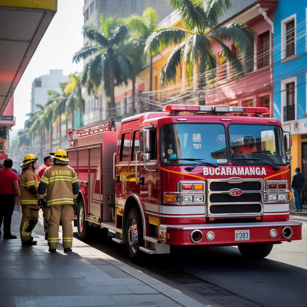 Camión de bomberos de Bucaramanga con personal en operación en una vía urbana.