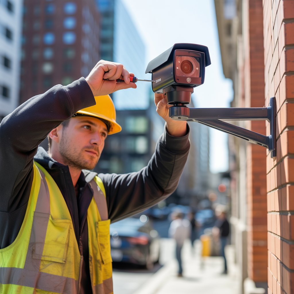 Técnico instala cámara de seguridad en espacio urbano para apoyar la señalización y control vial en los municipios de Nariño.